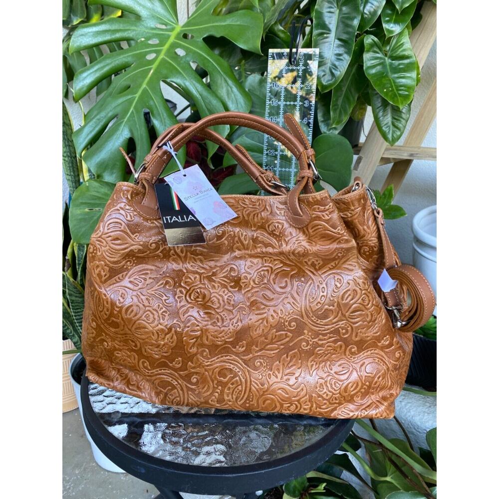 Reduced! NWT Huge STELLA BIANCA Italy Embossed Real Leather Tote/Weekend Bag NEW